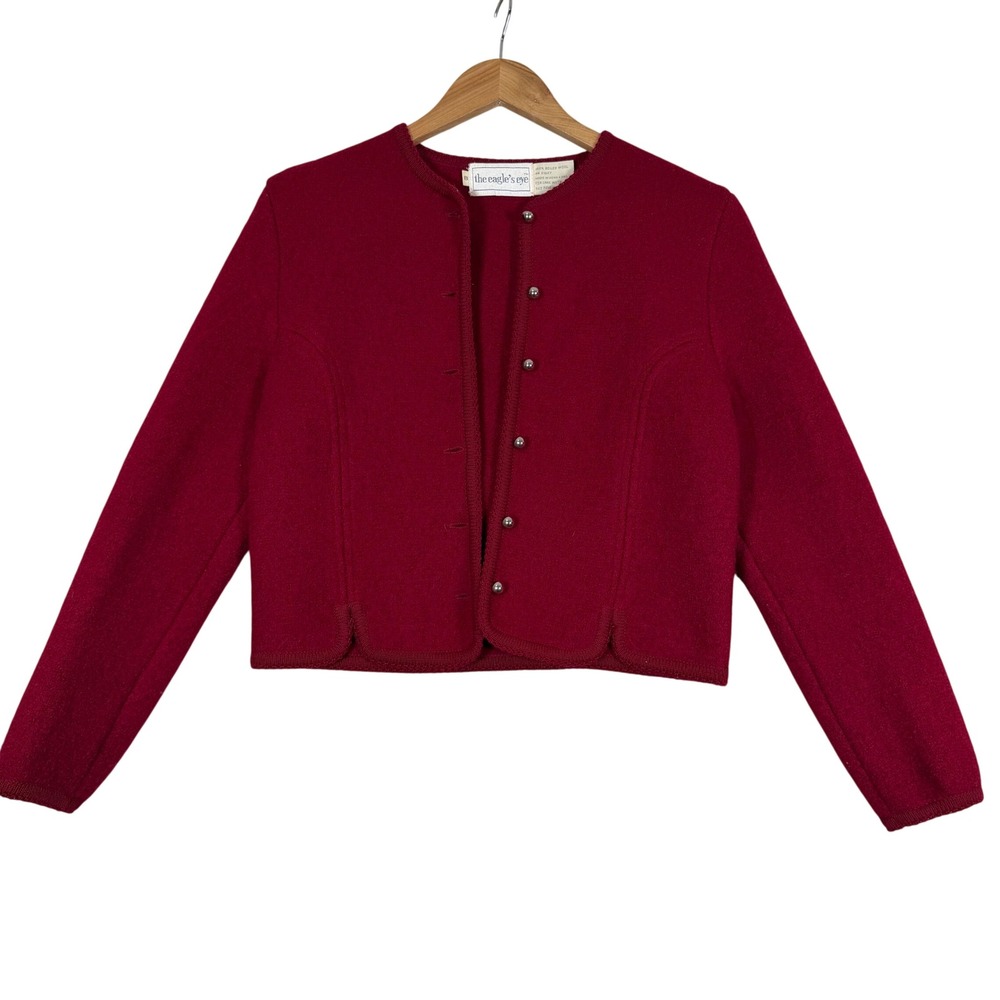 VTG The Eagle's Eye Boiled Wool Cardigan 8 Red Cropped Sweater‎ READ